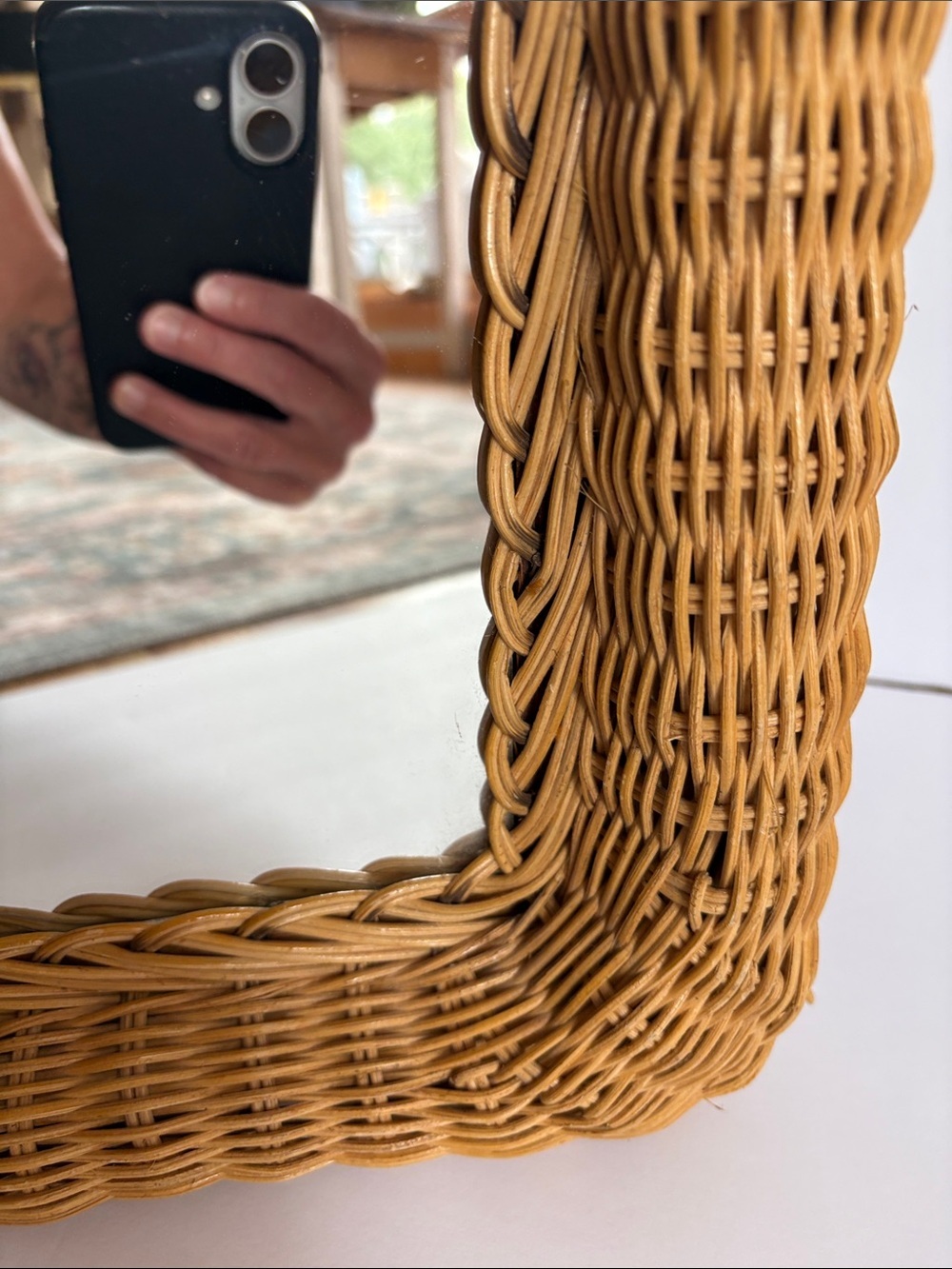 Vintage mid century wall mirror natural woven rattan frame boho coastal mirror - Picture 5 of 16